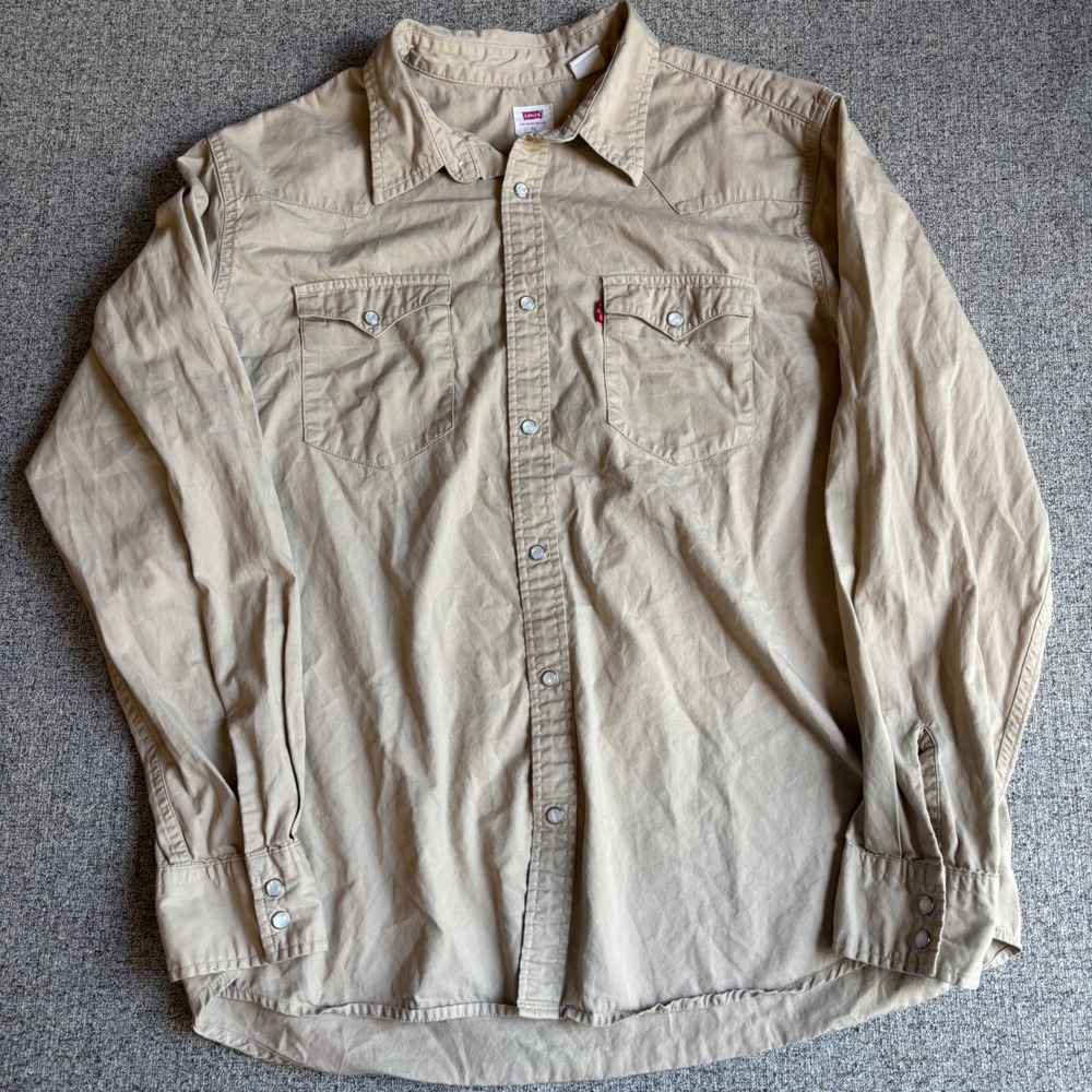 Levis Western Shirt Mens XL Tan Khaki Pearl Snap Long Sleeve Cotton Twill Yoke